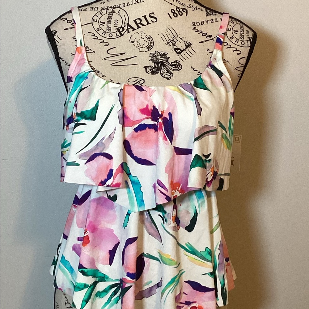 🌴☀️ TANKINI TOP by LIZ CLAIBORNE SEPARATES ROMANTIC FLORAL BUILT IN BRA TOP Sz 6